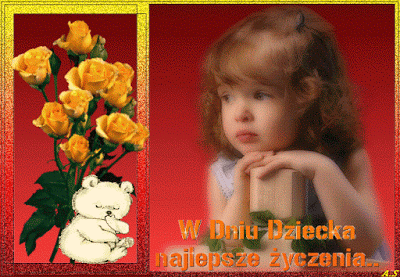 W Dniu Dziecka najlepsze życzenia  kwiaty misiu